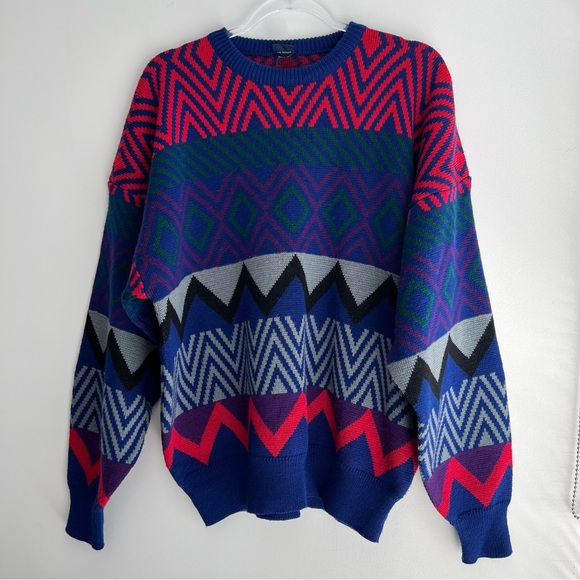Vintage GANT Rugger Wool Blend Blue Pink Geometric Sweater Crewneck - Picture 1 of 8
